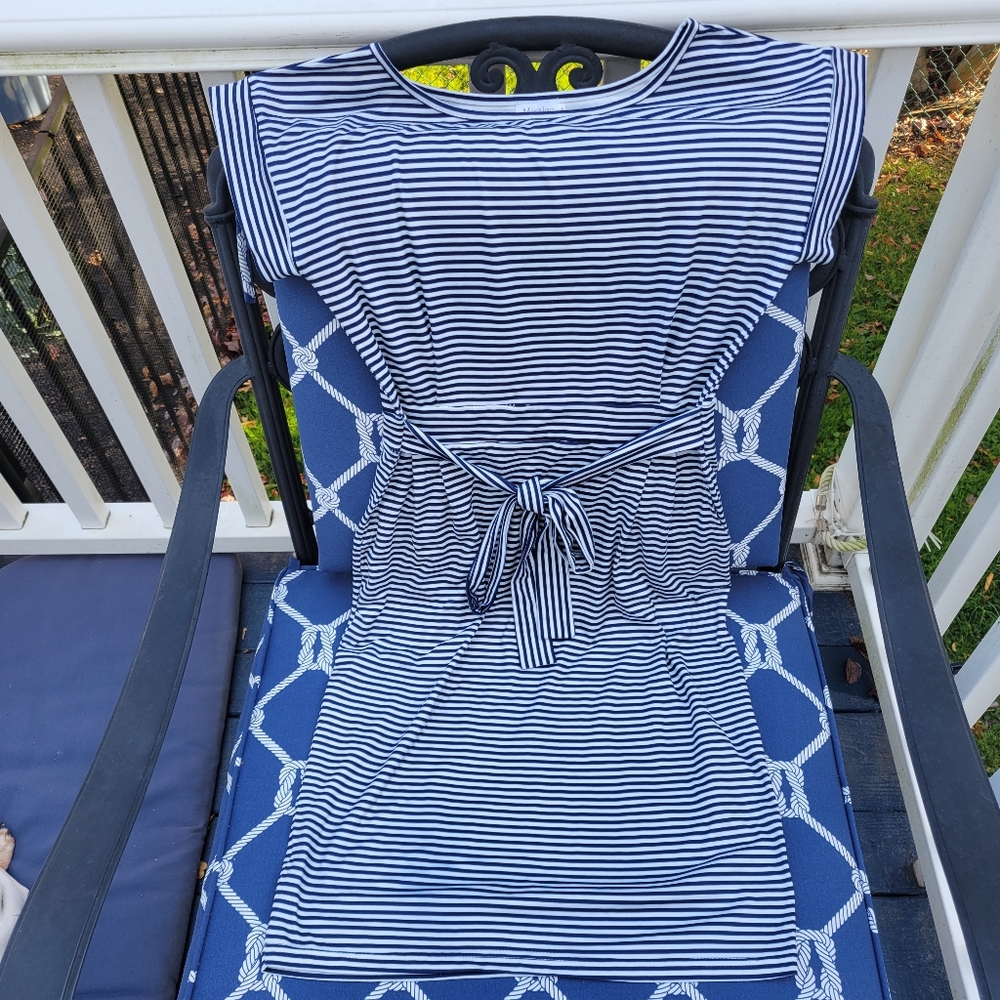 Miselon Short Sleeve Tie Waist Dress w/ Pockets Navy & White Striped RIPPED SEAM